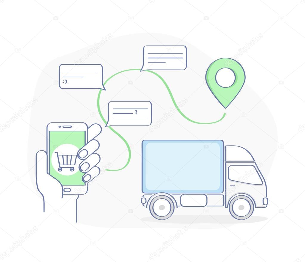 Flat Outline Icon Concept of GPS Navigation, Cargo Delivery, Logistic system or Mobile app for Goods Shipping, Purchase delivery. Isolated vector illustration on white background. Transportation.