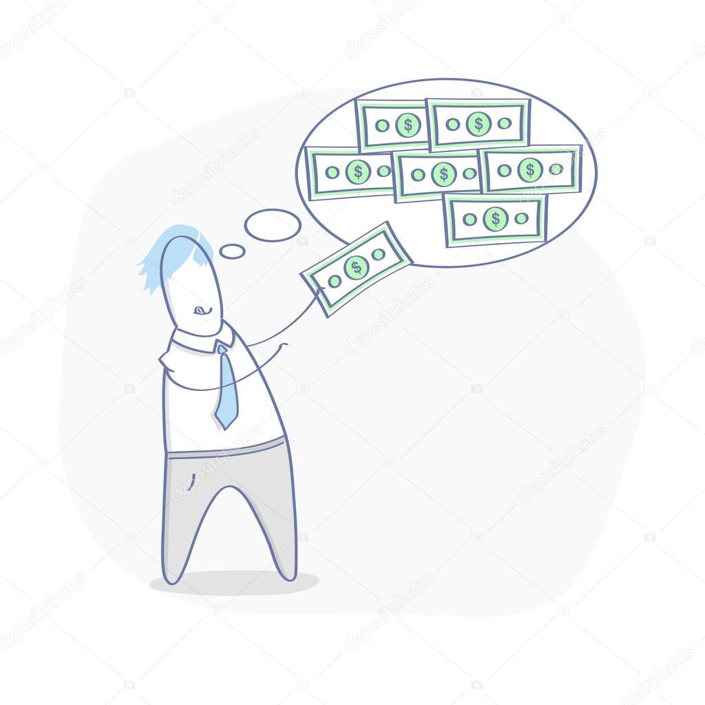 Businessman thinking about money. Cartoon character try to take cash from dreaming bubble. Flat outline cartoon vector illustration in trendy design.