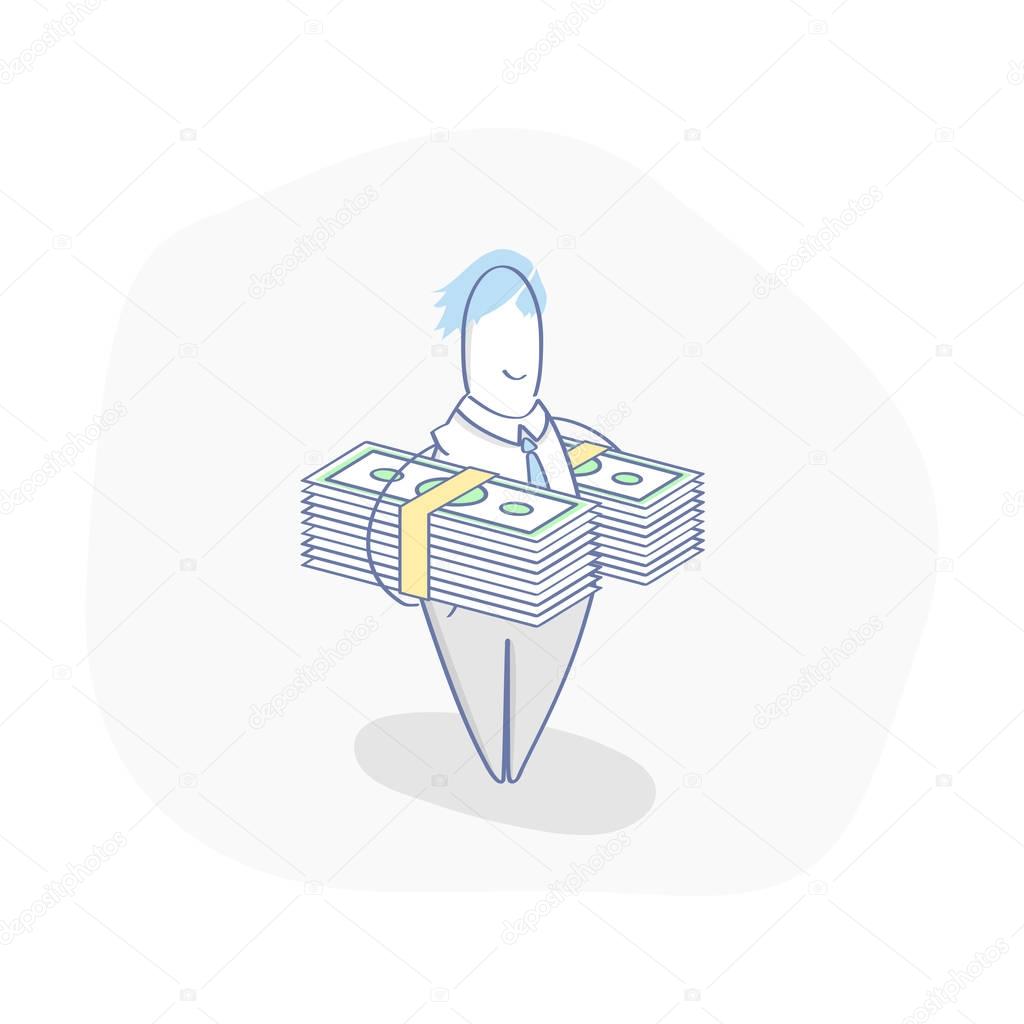 Happy businessman carrying stacks of cash money. Financial Success, Wealth, Richness, Investment concept. Flat outline modern ui vector illustration isolated on white background.