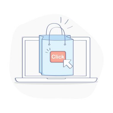 Online bir tıklatın, hızlı teslim veya bağlı kuruluş pazarlama kavramında satın. Şirin alışveriş çantası laptop ve imleç ok ile. Düz anahat simgesini vektör kavramı. E-ticaret şablonu.