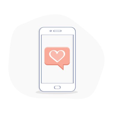 Hangi tarihlerde ve simge bildirim balonu içinde cep telefonu seviyorum. Sosyal medya kavramı gibi yorum, izleyin. Düz çizgi vektör çizim, Ux / UI öğesi web ve mobil tasarım için.