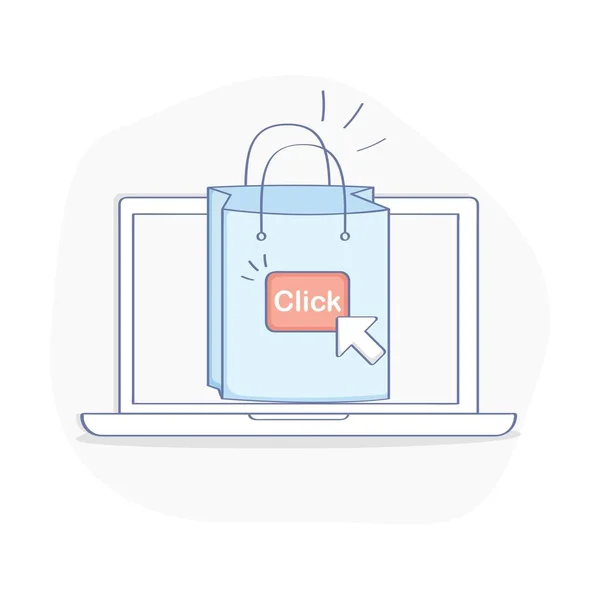 つをクリックして 高速配信または関係団体のマーケティングの概念のオンラインで購入します かわいいショッピング バッグ ラップトップとカーソルの矢印 フラットの概要アイコン ベクトル概念 コマースのテンプレート — ストックベクタ