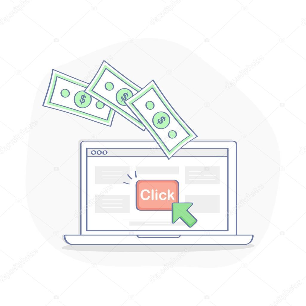Pay Per Click, CPC Internet Advertising, Marketing model when the ad or banner is clicked. Isolated vector illustration with laptop, cursor on display and flying money. Flat outline icon design.