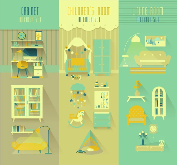 Sala de los niños, gabinete, sala de estar vector interior conjunto — Archivo Imágenes Vectoriales