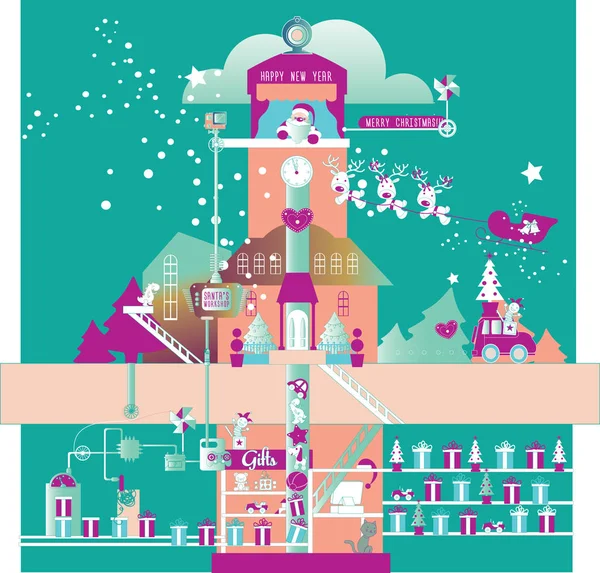 Feliz Navidad Divertida Infografía Taller Santa Ilustración Dibujos Animados — Archivo Imágenes Vectoriales