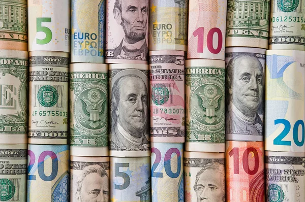 Antecedentes Del Dólar Retorcido Los Billetes Euros — Foto de Stock