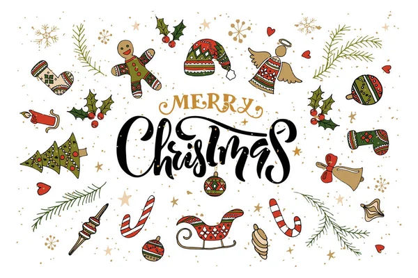 Décorations et inscription calligraphique Joyeux Noël — Image vectorielle