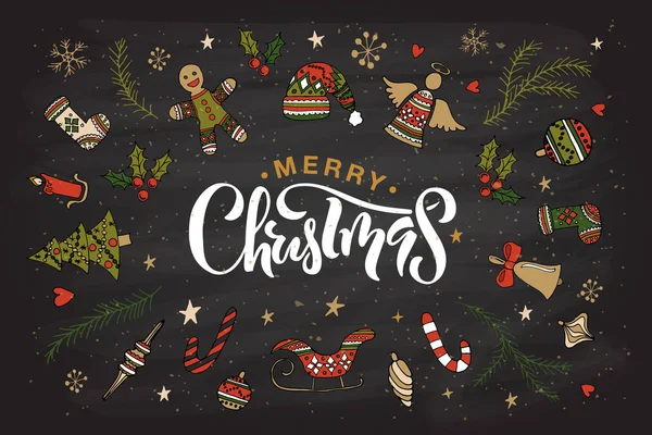 Διακοσμήσεις και καλλιγραφική επιγραφή ψηλά καλά Χριστούγεννα — Διανυσματικό Αρχείο