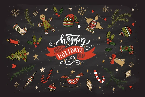 Decoraciones navideñas e inscripción Felices fiestas — Vector de stock