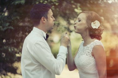 Güzel çift Dandelions üfleme
