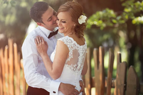 Schöne Braut und Bräutigam küssen sich im Freien — Stockfoto