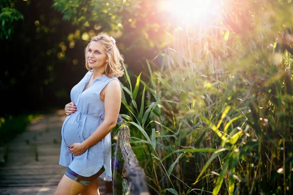 Vacker gravid kvinna i naturen Stockbild