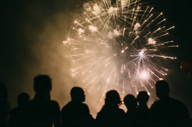 Kalabalık havai fişek izleyip kutluyor.