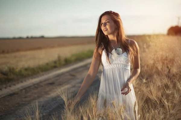 Buğday çayırda güzel kadın — Stok fotoğraf