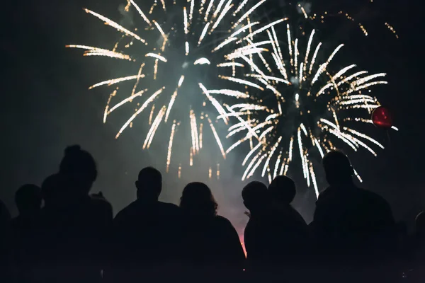 Multitud viendo fuegos artificiales y celebrando — Foto de Stock