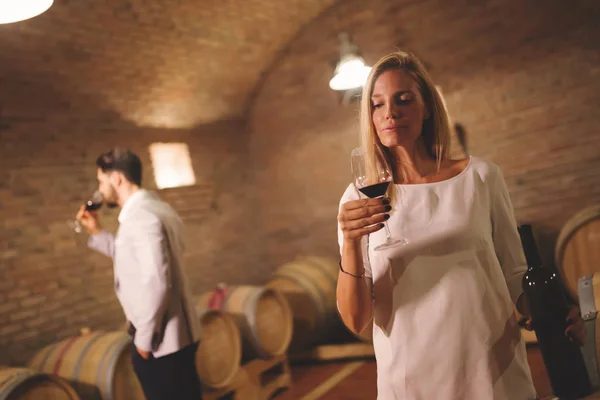 People tasting wine in winery — Stock Photo, Image