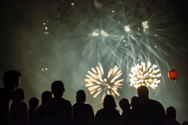Publiek kijken naar vuurwerk en vieren — Stockfoto