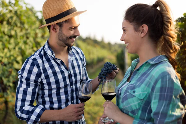 Ludzie degustujący wino w winnicy — Zdjęcie stockowe