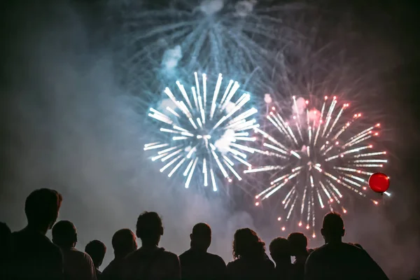 Pessoas felizes assistindo fogos de artifício — Fotografia de Stock