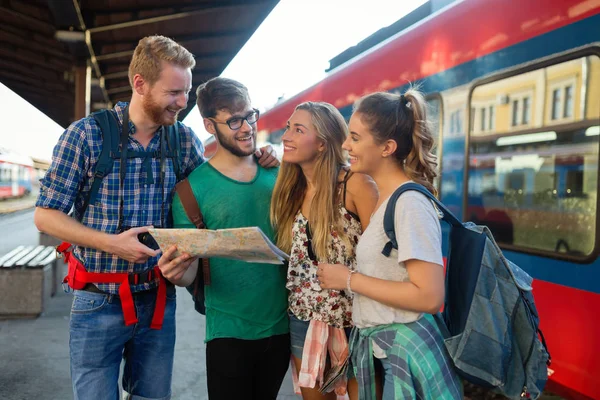 Happy group of tourists sightseeing