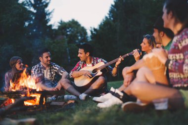 Happy friends playing music in nature clipart