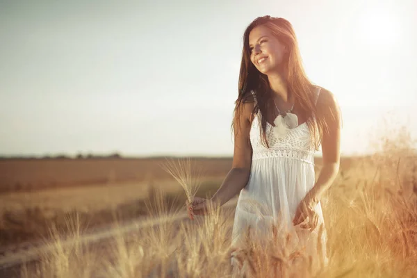 Mooie vrouw in veld — Stockfoto