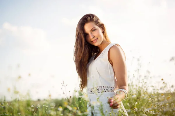 Mooie vrouw in veld — Stockfoto