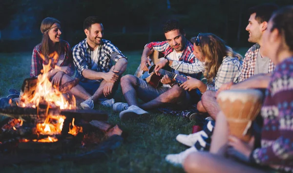 Happy friends playing music in nature — Stock Photo, Image