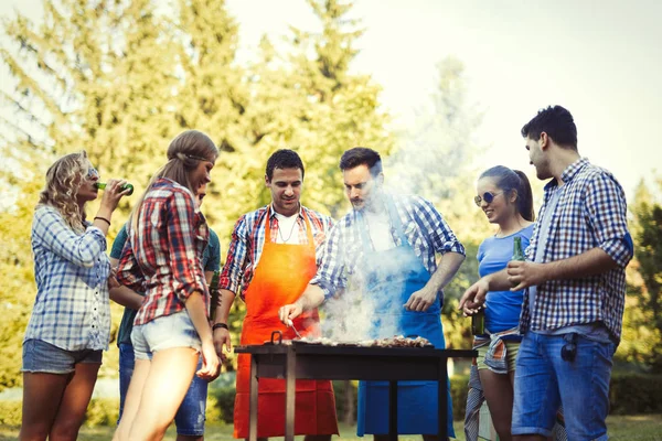 Amigos felizes desfrutando de churrasco — Fotografia de Stock