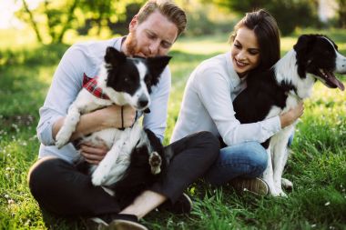Güzel çift yürüyüş köpekler