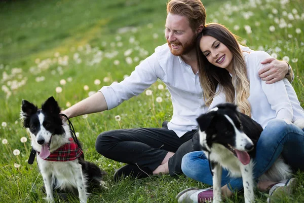 Beautiful couple walking dogs — Stock Photo, Image