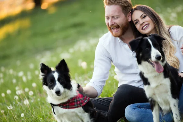 Hermosa pareja paseando perros —  Fotos de Stock