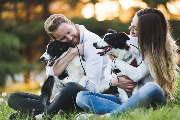 Beautiful couple walking dogs — Stock Photo, Image