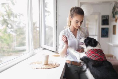 Güzel kadın köpekle oynamayı