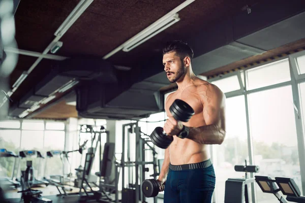 Gespierde bodybuilder training in de sportschool doen biceps oefeningen — Stockfoto