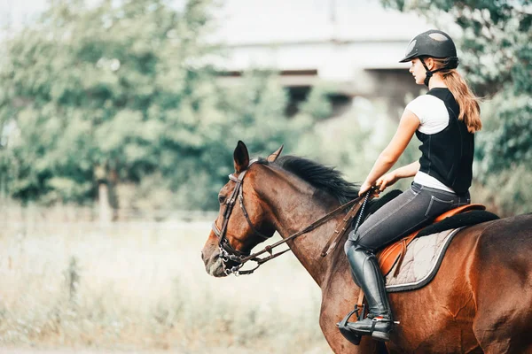 Imagem de menina montando seu cavalo — Fotografia de Stock