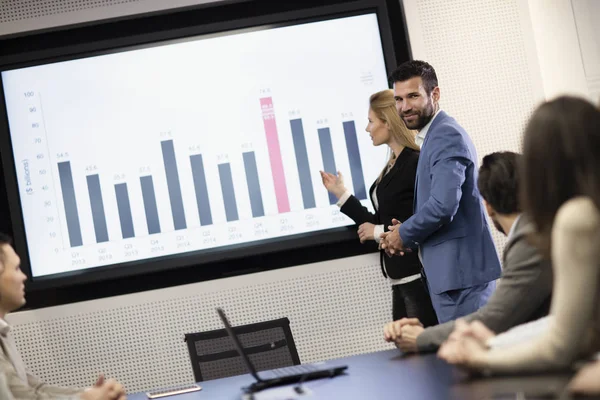 Joven empresario atractivo y mujer de negocios mostrando la presentación a sus colegas —  Fotos de Stock