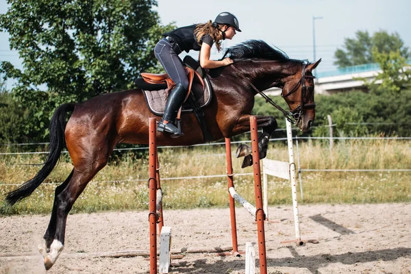 Jovem jóquei do sexo feminino no cavalo pulando sobre obstáculo — Fotografia de Stock