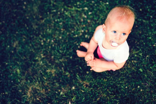 Porträt eines schönen Babys auf dem Rasen — Stockfoto