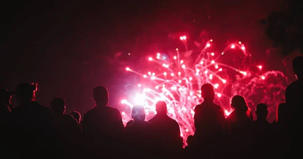 Multitud viendo fuegos artificiales — Foto de Stock