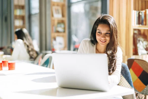 Hermosa morena usando notebook — Foto de Stock