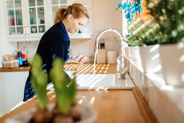 Mujer lavando platos en la cocina —  Fotos de Stock