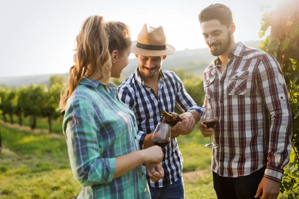İnsanlar üzüm bağında şarap tadıyor.