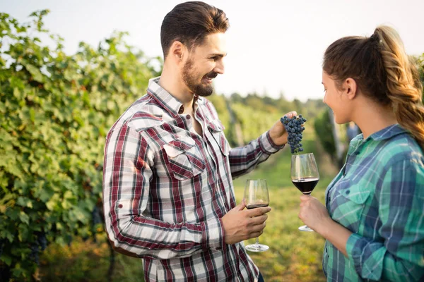 Winegrowers tasting wine in vineyard — Stock Photo, Image
