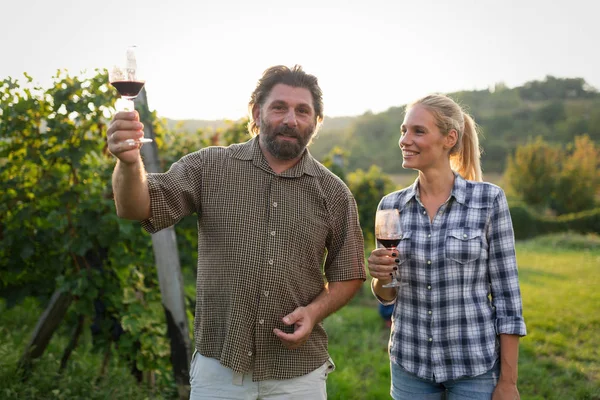 Happy couple in vineyard before harvesting — Stock Photo, Image