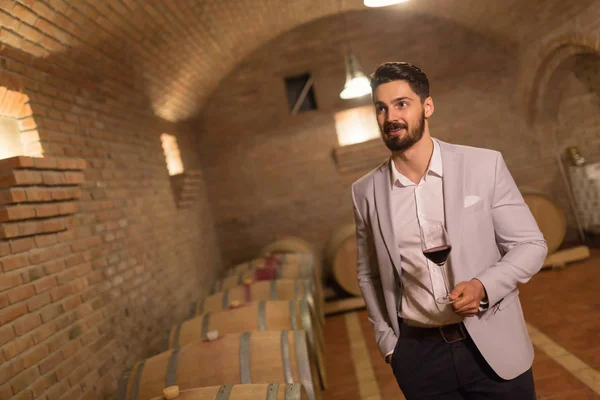 Oenologis mencicipi anggur di ruang bawah tanah — Stok Foto