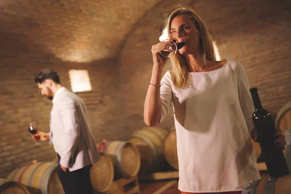 Persone che degustano vino in cantina — Foto Stock