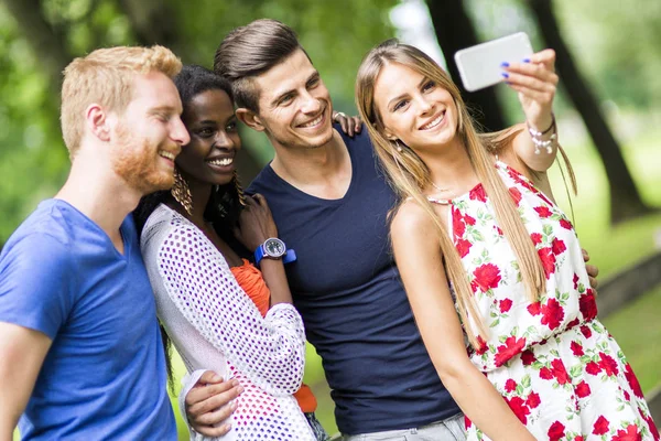 Pessoas que tomam selfie na natureza — Fotografia de Stock