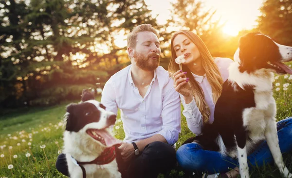 Paar knuffelen en honden buiten lopen — Stockfoto