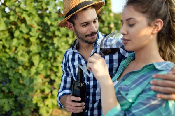 Happy couple in vineyard before harvesting — Stock Photo, Image